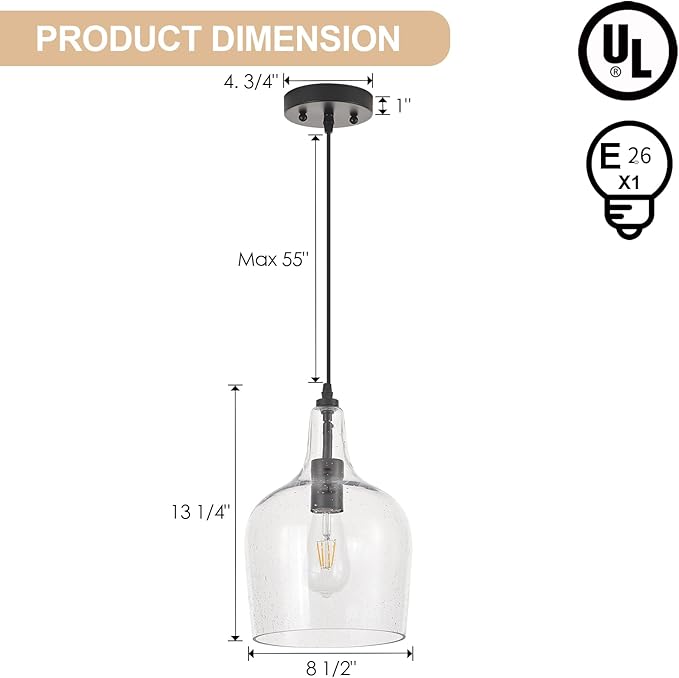 Seeded Glass Pendant Light Modern Black 1 Light Single Dome Pendent Lighting Fixtures for Kitchen Island Dining Room Hallway, Dia 9 Inch, E26, UL Listed