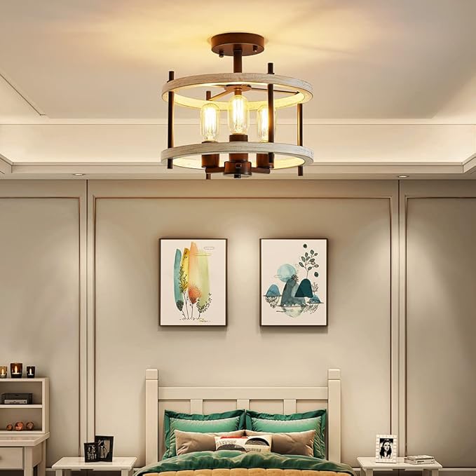 AGV LIGHTING Semi Flush Mount Ceiling Light Fixture, 3-Light Farmhouse Light Fixture Ceiling Mount White Ash Wood Texture Finish