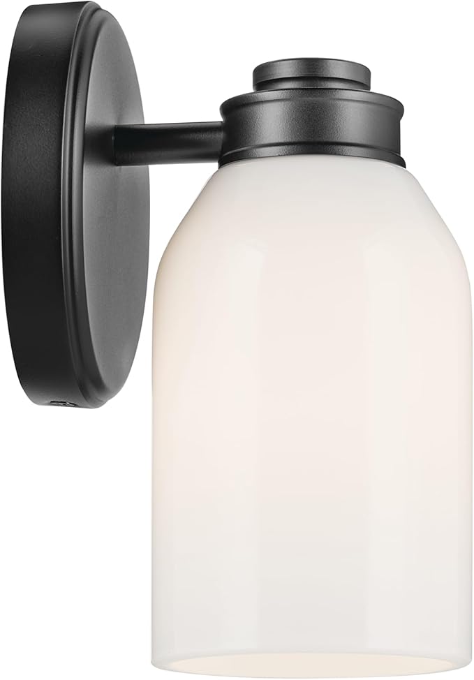 Kichler Shae 5" 1-Light Wall Sconce Modern Bathroom Vanity Light Fixture with White Opal Glass in Black for Mirror, Hallway, Fireplace (8.25" H x 5" W), 55200BK