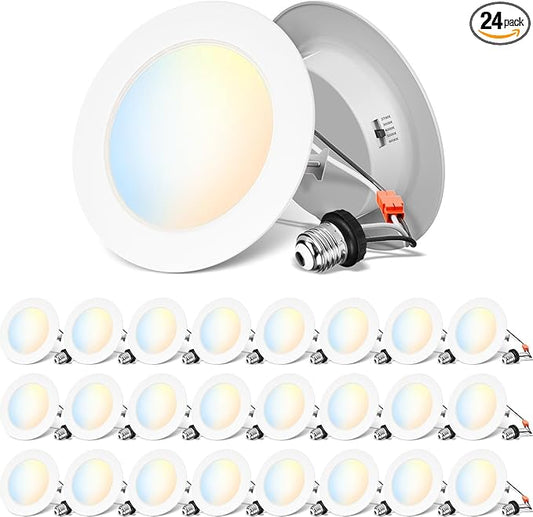 ANWIO Recessed Lighting 4 Inch, 24 Pack 5CCT Flat Retrofit LED Recessed Lights Can Needs, 2700/3000/4000/5000/6000K Selectable Can Lights 7W(85W Equivalent) CRI 80+ Dimmable E26 Base IC Rated & ETL