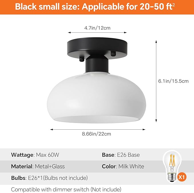 Semi Flush Mount Ceiling Light, Mid Century Modern Black Light Fixture with Milk Glass Shade 8.66''Vintage Ceiling Lamp for Entryway Hallway Foyer, Laundry Room, Schoolhouse