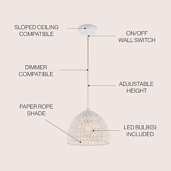 JONATHAN Y 10.25" White Modern Bohemian Woven Rope LED Pendant Light Fixture, Adjustable Dome Ceiling Lamp for Kitchen Island, Rope Shade, Coastal Farmhouse Decor (JYL6513A)