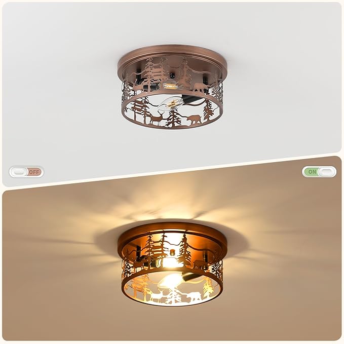 Rustic Bear Flush Mount Ceiling Light Fixture, 11" Brushed Bronze Round Farmhouse Vintage Industrial Metal Cage Light, Perfect for Kitchen, Dining Room, Foyer Entryway, Cabin, Loft Lighting