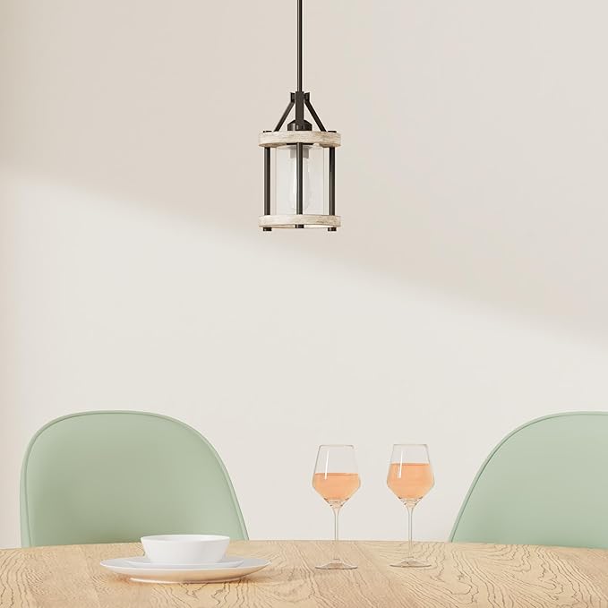 Farmhouse Pendant Light, Rustic White Wood and Metal Cage Hanging Light Fixtures with Glass, 43 Inch Adjustable for Flat and Slop Ceiling, Pendant Lighting for Kitchen Island Foyer Hallway