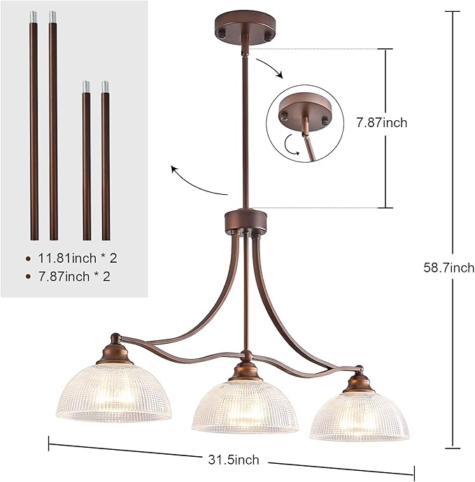 3-Light Oil Rubbed Bronze Pendant Light for Kitchen Island Antique Dome Hanging Light Fixture Brushed Bronze Dinner Room Light with Crystal Glass Adjustable Pendant Lamp for Bedroom Hallway Entryway