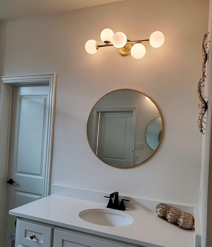 Bathroom Vanity Lights, 5-Light Bathroom Light Fixtures, Mid Century Modern Brass Bathroom Light Ceiling Light, Wall Sconces Semi-Flush Mount Light Fixture with Milk Globe Glass, Brass Gold, G9 Base
