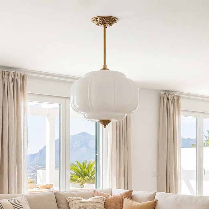 Milk Glass Ceiling Light Fixture - Antique Brass Semi Flush Mount Pendant Light for Kitchen, Hallway, and Bedroom 15 inch (White 15 inch)