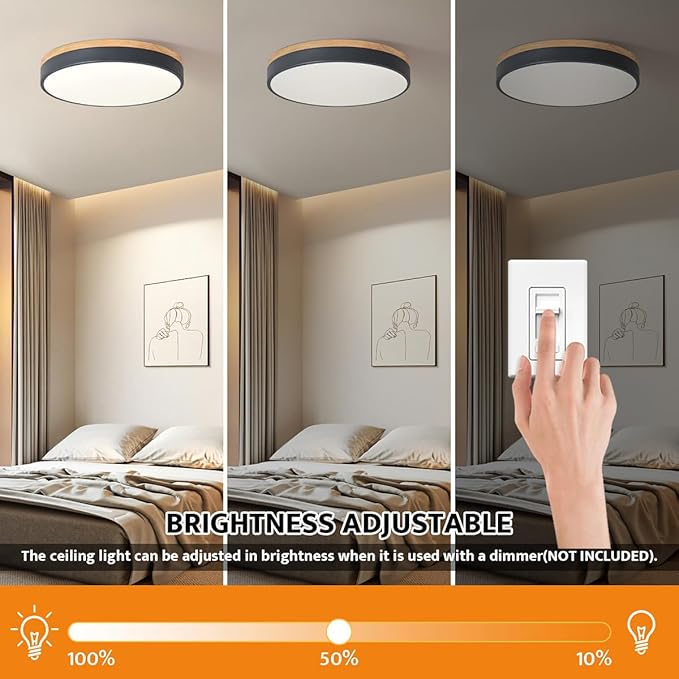 Yiisem Dimmable Wood LED Flush Mount Ceiling Light, 5CCT 2700K-6000K Selectable Modern Round Close to Ceiling Lighting Fixtures, Minimalist Grey Ceiling Lamp for Living Room, Bedroom, Laundry Room