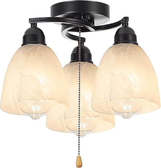 3-Light Flush Mount Ceiling Light with Pull Chain, Modern Black Lighting Fixtures with Alabaster Glass for Kitchen Island Dining Room Bedroom Farmhouse Foyer Hallway