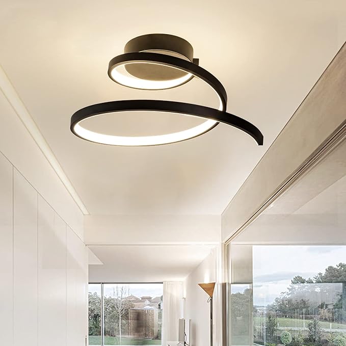 Modern LED Ceiling Light 24W Spiral Design Ceiling Lighting Fixture 18 inch,4000K Warm White Light Fixture for Hallway Aisle Balcony Bedroom Kitchen Office (Black)
