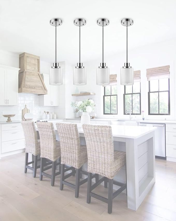 1-Light Mini Pendant Light Fixtures, 3 Pack Modern Brushed Nickel Hanging Ceiling Light with Dual Glass, Adjustable Height