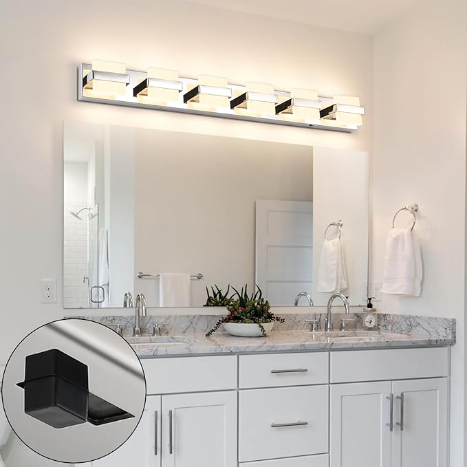 SOLFART 6-Light Bathroom Vanity Lights Above Mirror, Chrome Light Fixtures for Bathroom, LED Vanity Lighting,5 Color Temperature Adjustable,Bath Lighting Fixture Nickel