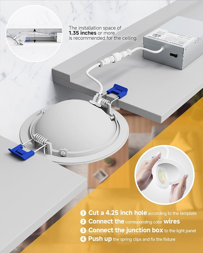 Ensenior 4 Pack 4 inch LED Gimbal Led Recessed Light with Junction Box, 2700K-5000K 5CCT, 360°+90° Adjustable Directional Eyeball Lighting, Dimmable, CRI90+, 900LM, 9W=85W, 120V-ETL&FCC