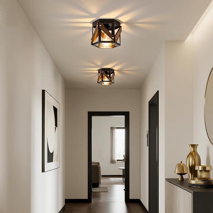 2 Pack Farmhouse Flush Mount Ceiling Light, Rustic Hallway Light Fixtures Ceiling, Vintage Black Lighting Fixtures with Metal and Wood Cage, Small Chandelier for Kitchen Sink Entryway Bathroom