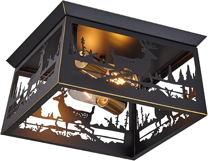 Farmhouse Lighting Flush Mount Ceiling Light Fixture,12.6inch 2-Light Rustic Deer Ceiling Light Fixtures for Hallway Outdoor Porch Entryway Foyer Bedroom Kitchen Lighting (Bulb Not Included)