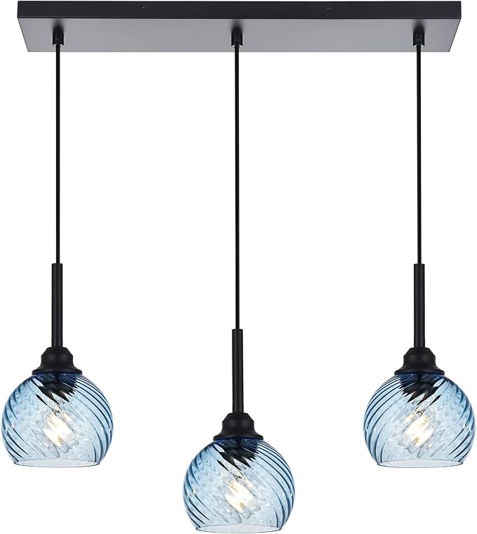 3 Light Island Lights for Kitchen with Striped Swirl Globe Glass, Black Linear Hanging Pendant Light Fixture Farmhouse Chandelier for Dining Room Bar Living Room