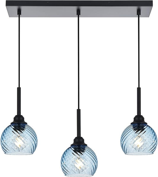 3 Light Island Lights for Kitchen with Striped Swirl Globe Glass, Black Linear Hanging Pendant Light Fixture Farmhouse Chandelier for Dining Room Bar Living Room