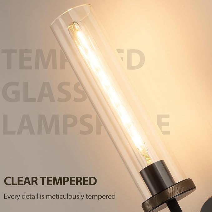 19.5" Knurled Brass Wall Sconces Set of 2, Black Gold Bathroom Vanity Light Fixtures with Clear Glass Tube, Modern Lamp Lighting for Bedroom, Living Room, Hallway, Staircase, Mirror, Kitchen