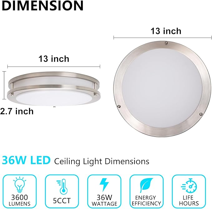 OOWOLF 4-Pack 13” LED Flush Mount Ceiling Light, 5CCT Adjustable (3000K–6000K), Dimmable Low Profile Ceiling Light Fixture, Brushed Nickel, 36W Energy Saving, ETL Listed