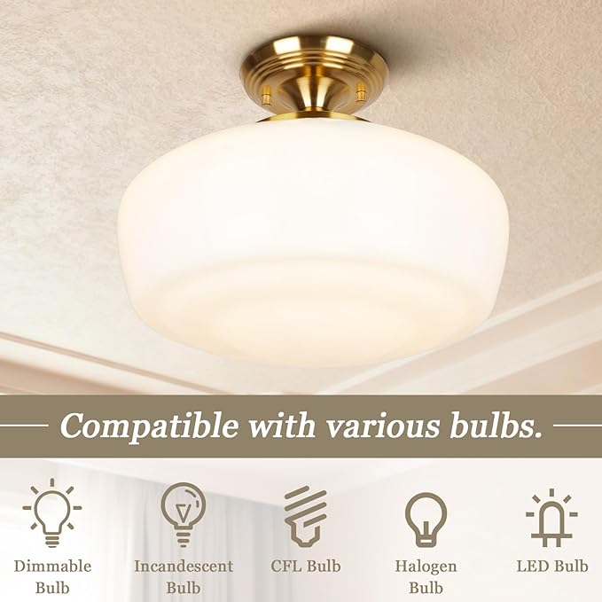 Large Schoolhouse Style Semi Flush Mount Ceiling Light Fixture, 14" Modern Gold Hallway Ceiling Lamp with Opal Milk Glass Shade Brass, Farmhouse Globe Light for Bedroom Kitchen Hallway Entryway