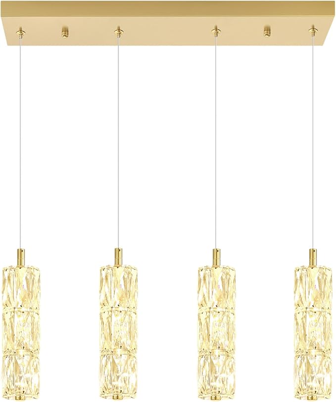 ykolupty Rectangle Crystal Pendant Lights LED Dimmable Pendant Ceiling Lighting Modern Linear Chandelier for Dining Room Hallway Gold