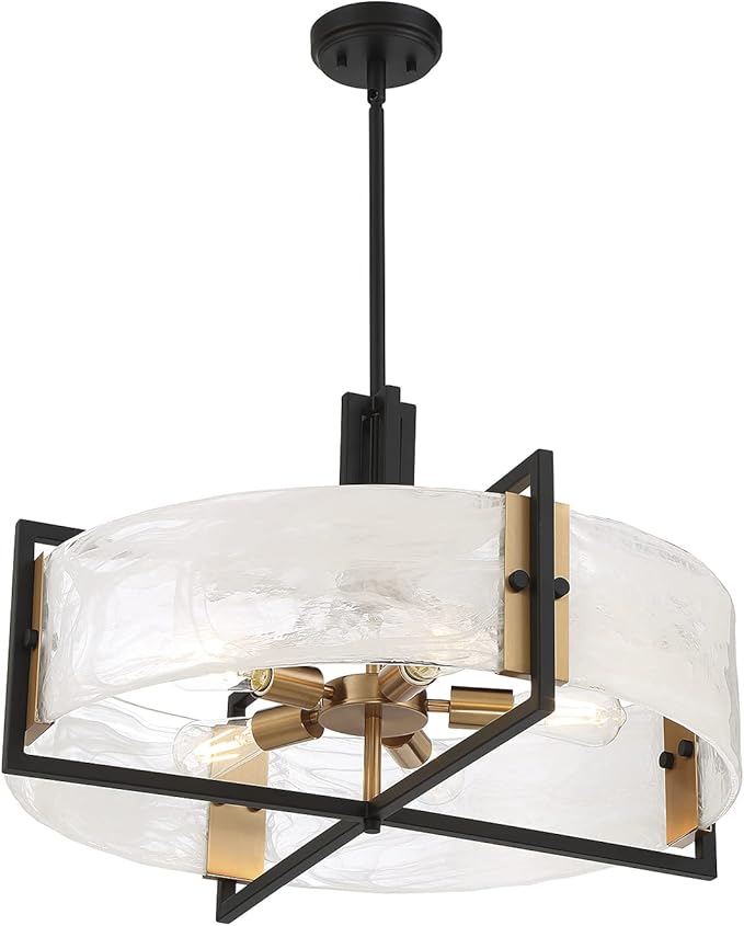 Savoy House 7-1696-5-143 Hayward Modern Strie Piastra Glass Drum Pendant, 5-Light 300 Total Watts, 17" H x 28" W, Matte Black & Warm Brass