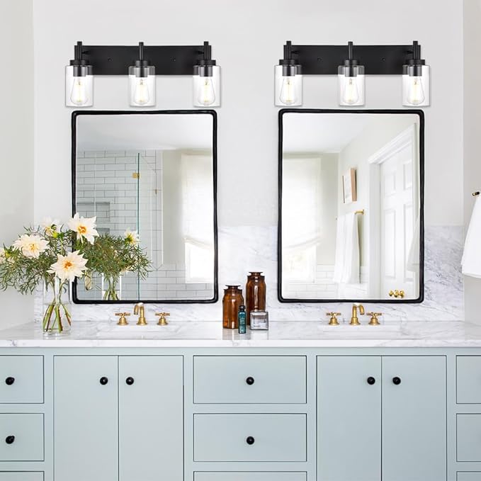 VINLUZ Vanity Bathroom Light Fixture Black 3 Lights Rustic Wall Sconce Lighting with Clear Glass Shade Vintage Porch Wall Lamp （Patent No.: US D958,438 S