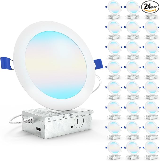Sunco 24 Pack 6 Inch LED Recessed Light, Canless Ceiling Lights Slim with Junction Box, 1200 LM, 14W (100W Equivalent), Selectable CCT 2700K/3000K/4000K/5000K/6000K, Dimmable, Wafer Thin ETL