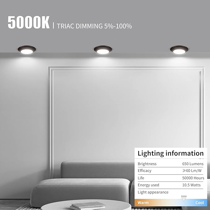 ECOELER 4inch LED Dimmable Disk Downlight, Bronze Surface Mount LED Ceiling Light, Suitable for Wet Locations, 10.W 650lm 5000K Daylight, Aluminum Baffle Trim, ETL Listed