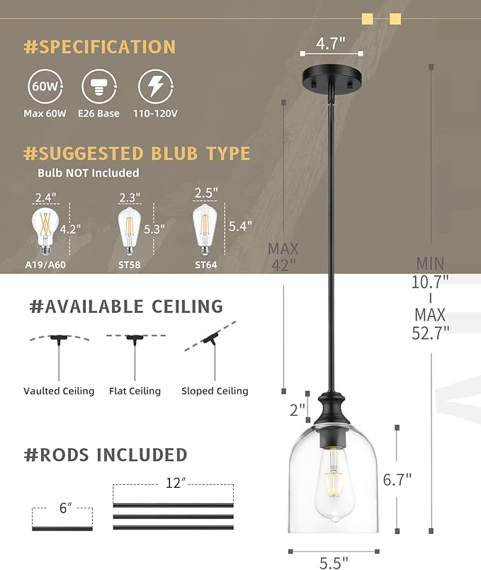 AUTELO 2 Pack Matte Black Pendant Lights, Hanging Lamp with Clear Cylinder Glass, Modern Pendant Lights Kitchen Island with Adjustable Rods, H2511 CLBK 2PK