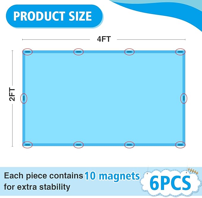 Fluorescent Light Covers with 10 Strong Magnets- 6 Pack Fluorescent Light Filters for Classroom Hospital Office to Eliminate Harsh Glare Reduce Headache, Flame Retardant Fabric, 4 x 2 FT, Blue Sky