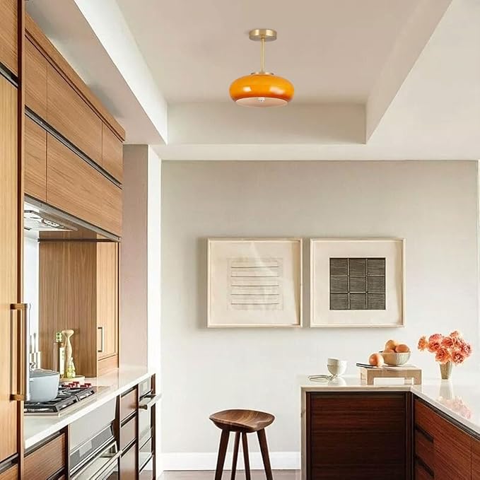 Milk Glass Flush Mount Ceiling Light mid Century Modern Ceiling Lights fixtures Dome Glass Shade Gold Brass Ceiling Light, Orange GlassCeiling Lamp for Hallway Dining Room Kitchen