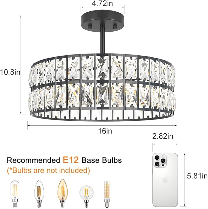 Crystal Ceiling Light Fixture, Modern Matte Black Ceiling Light Chandelier, Semi Flush Mount Chandelier Lighting Fixture for Kitchen Entryway Living Room Dining Room, 5-Light, 16 Inch