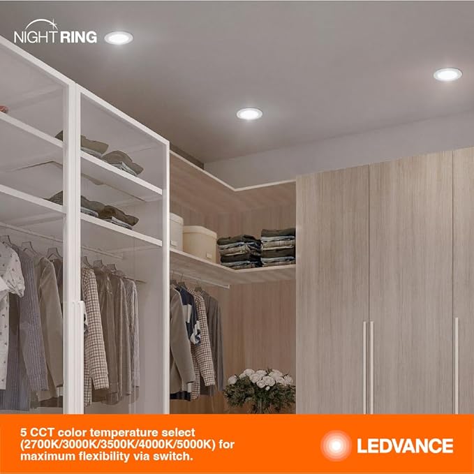 LEDVANCE 5/6" Night Ring Retrofit Downlight, 8W, 5 CCT (2700K/3000K/3500K/4000K/5000K), 700 LMS, 90 CRI, Energy Star, Damp Rated, White - 1 Pack (65798)
