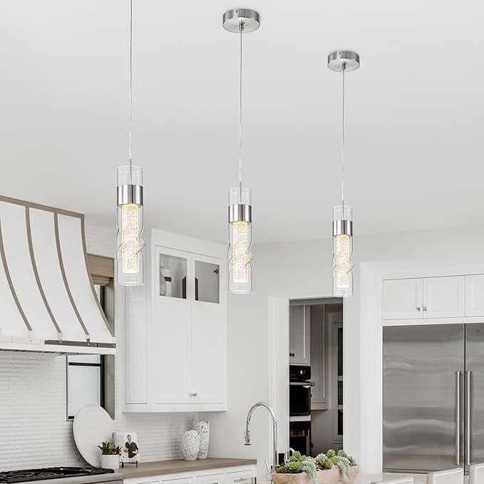 WILON Pendant Lights Kitchen Island, 9W Modern Kitchen Island Lights Brushed Nickel, Ceiling Lighting Fixtures with Crystal Bubble, Integrated LED Hanging Light for Dining Room Restaurant(1 Pack)