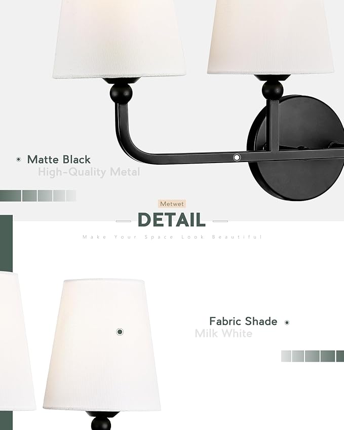 Bathroom Light Fixtures, 4 Light Matte Black Vanity Lights with Flared White Fabric Shade, 28 Inch Wall Sconce, Modern Sconces Wall Lighting for Hallway Bedroom, VL837-MB-4