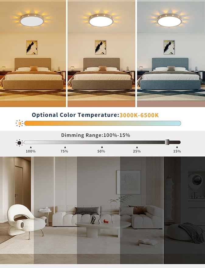 12in 24Watt Flush Mount led Ceiling Light fixtures.Remote Control Dimmable Ceiling Lights for Bedroom, Dining Room, Kitchen, Round White