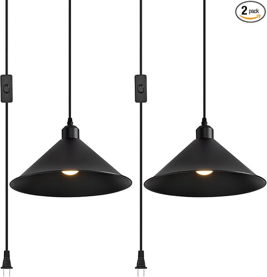 11.8IN Plug in Pendant Light, 2 Pack Industrial Hanging Lamp Black Vintage Pendant Lighting Fixtures with 15ft Cord On/Off Switch for Kitchen Island Dinning Hall, Bedroom