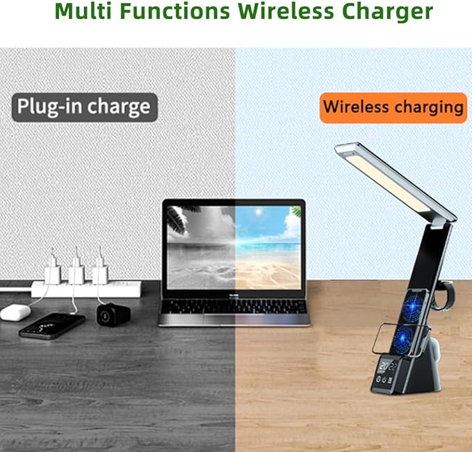 IHAO 6in1 Multifunctional Foldable LED Table Lamp with Wireless Charger Digital Alarm Clock Eye-Care Lighting 3 Color Modes 15W Qi Charger for Phone/Headphones, iWatch Charger Compatible-N61 White