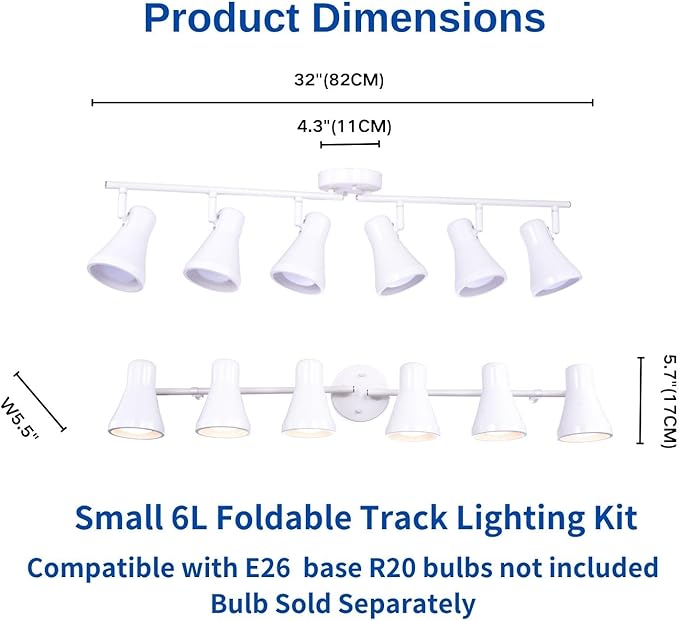 Foldable Track Lighting Fixtures, 6 Way Pivot Shade Ceiling LED Lights,Modern White Rotatable Bar Spotlight for Kitchen Island Hallway Dining Living Room Bedroom,E26 R20 Bulb Not Included