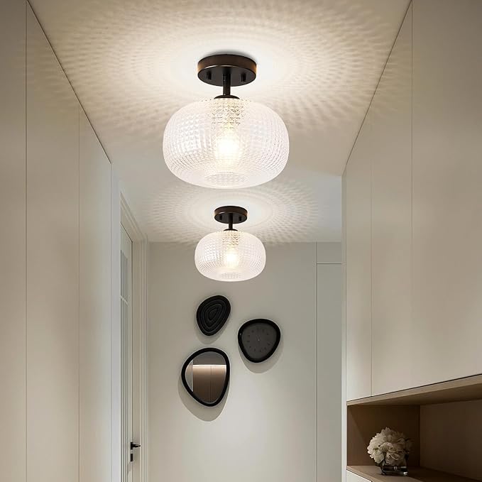 Modern Black Flush Mount Ceiling Light Fixtures,Hammered Globe Lighting Adjustable Hanging with Seeded Glass Lampshade for Entryway Bedroom Kitchen Hallway Laundry Room,E26 1-Light Lamp,9.84 In