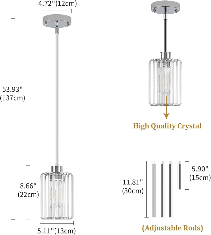Chrome Crystal Pendant Lights Kitchen Island, Modern Kitchen Pendant Lighting Over Island Dining Room Light Fixtures Adjustable Hanging Pendant Light for Bathroom Hallway Entryway Bedroom Foyer