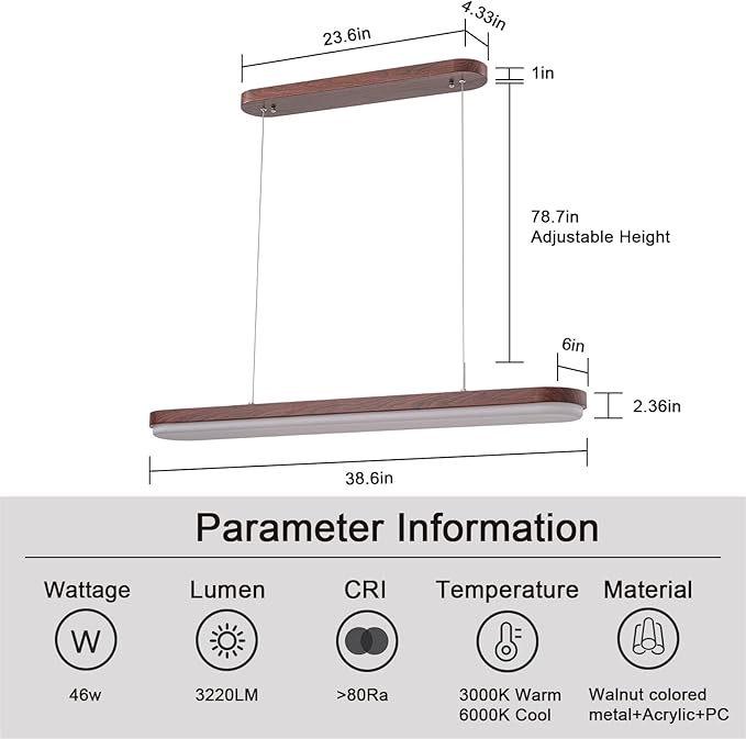 EDISLIVE Modern Linear LED Island Light Dimmable LED Chandelier 38.6 in Adjustable Linear Hanging Light Fixture 3000K-6500K 37W Pendant Light with Iron Acrylic for Dinning Room Kitchen，Walnut Brown