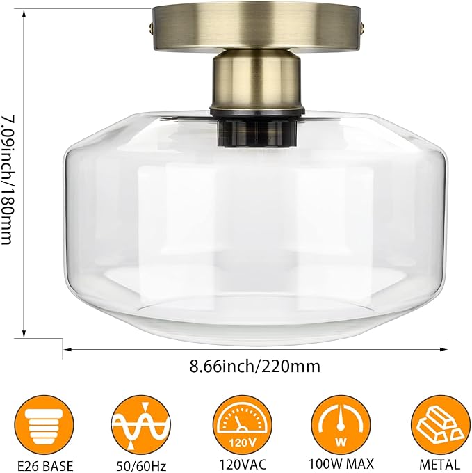 MAXvolador Industrial Semi Flush Mount Ceiling Light Brass, Clear Glass Pendant Lamp Shade, Farmhouse Lighting Hallway, Vintage Hanging Light Fixture