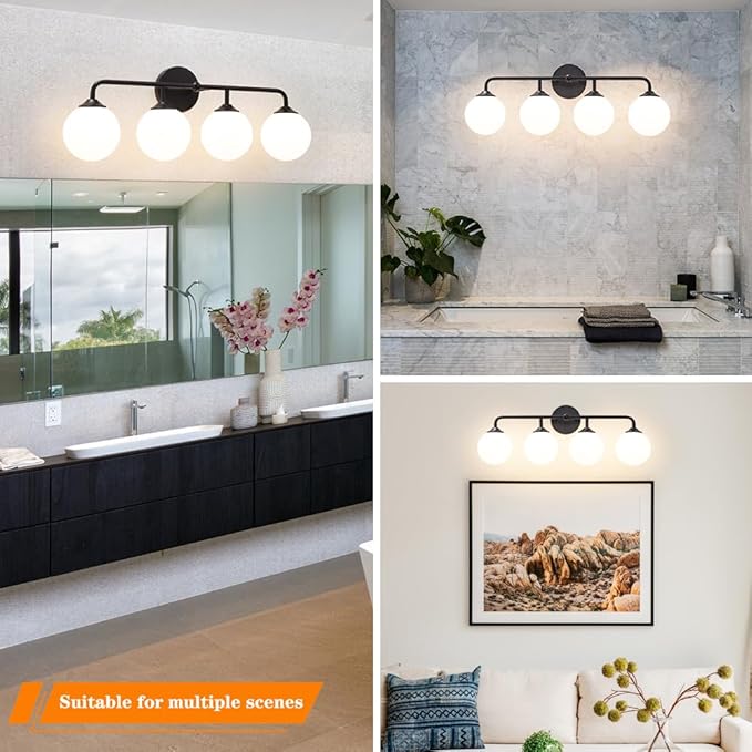 4-Lights Black Vanity Lights with Milky White Globe Glass Shade, Industrial Bathroom Wall Sconces Light over Mirror, Vanity Lighting Fixture for Bathroom Dressing Table Bedroom Living Room