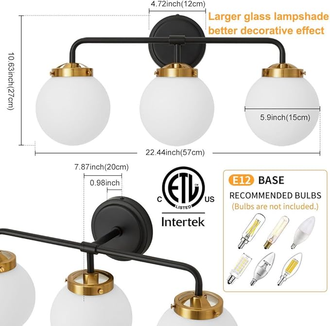 Black Gold Bathroom Light Fixtures Above Mirror, Modern Vanity Lighting with White Glass Globe Shade 3-Light Farmhouse Wall Sconce