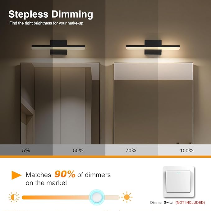 LED Modern Bathroom Vanity Light Fixtures Dimmable 5CCT 12W Lights Over Mirror Black Wall Light Bar for Bathroom 15.7 inch ETL Certificated