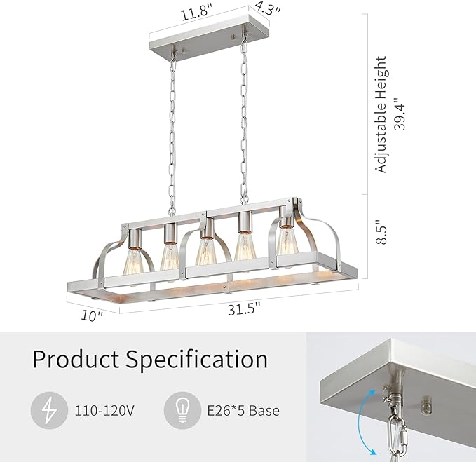 WUZUPS 5-Light Metal Chandelier Linear Pendant Ceiling Lighting Rustic Farmhouse Fixture Kitchen Island Dining Room, H 8.5" L 31.5" W10, E26 Base, Brushed Nickel