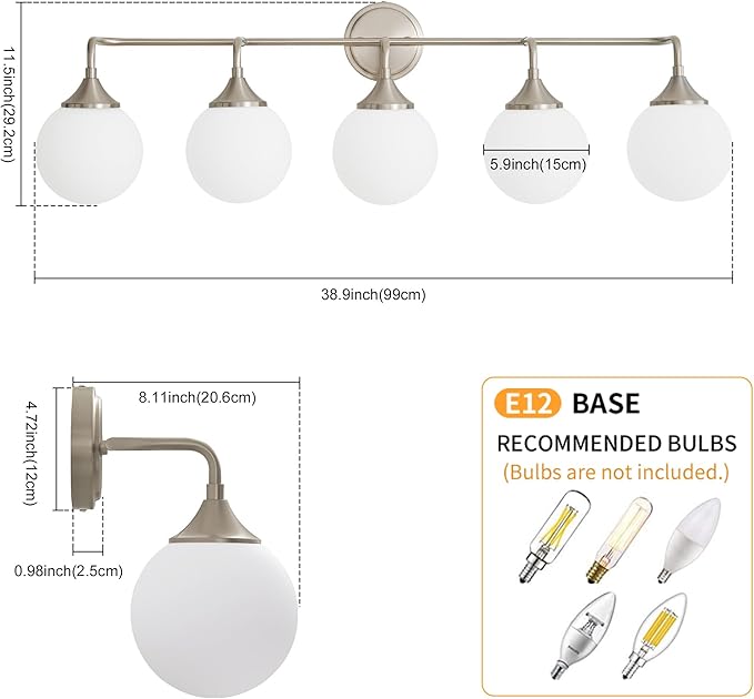 Brushed Nickel Vanity Lights Fixtures, 5-Light Bathroom Vanity Lighting Over Mirror, Modern Bathroom Wall Sconces with Milky White Glass Ball Shades