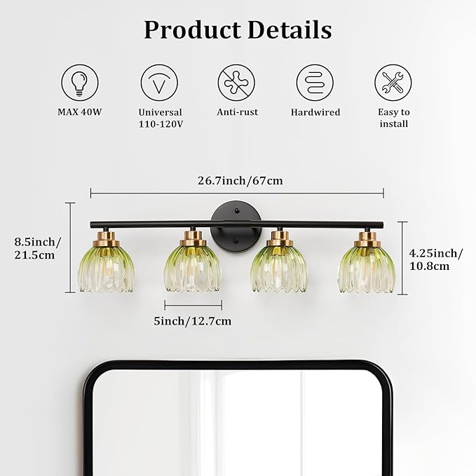 TALOYA Bathroom Vanity Light Fixtures, 4-Light Modern Black and Gold Wall Lights for Mirror, Green Tulip Glass Shades Over Sink Lighting for Bedroom, Living Room, and Hallway,Farmhouse